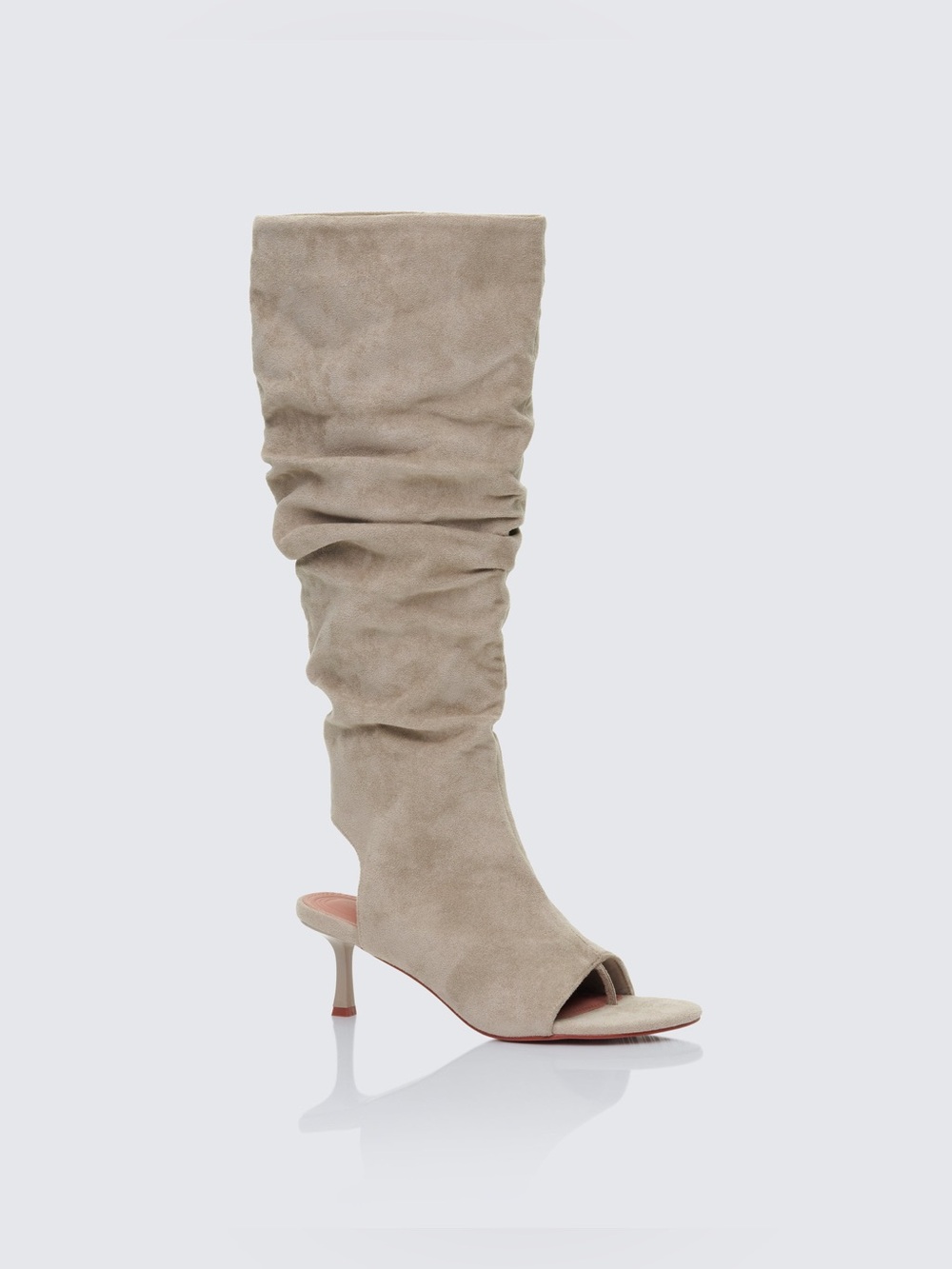 FINESSE Stormi Sand Faux Suede Open Toe Slouch Knee High Boots 9 Stiletto Heel